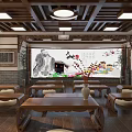 School Chinese Style Classroom with Wooden Desks Tatami Windows Lanterns and Traditional Decorations