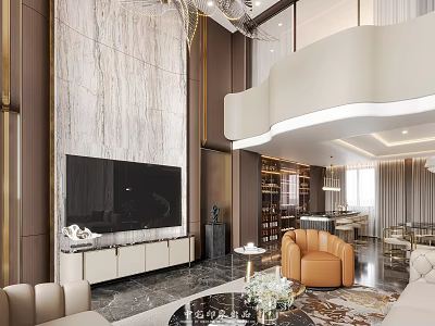 Luxurious Duplex Living Room With Marble Wall And Modern Furniture 3d model