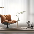 Modern Orange Lounge Chair With Swivel Base Side Table Potted Plant And Floor Lamp