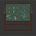 Green Blackboard with Red Stand Featuring Letters Math Symbols and Stick Figures
