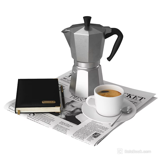 Freshly Brewed Coffee in White Cup with Silver Moka Pot Black Notebook Pen and Newspaper 3d model 