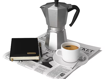 Freshly Brewed Coffee in White Cup with Silver Moka Pot Black Notebook Pen and Newspaper 3d model