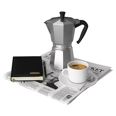 Freshly Brewed Coffee in White Cup with Silver Moka Pot Black Notebook Pen and Newspaper 3d model