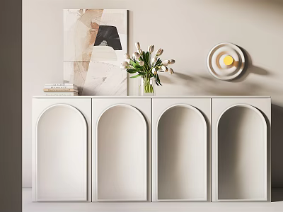 White Entryway Side Cabinet Arched Design With Vase Flowers Books Wall Art And Round Lamp 3d model