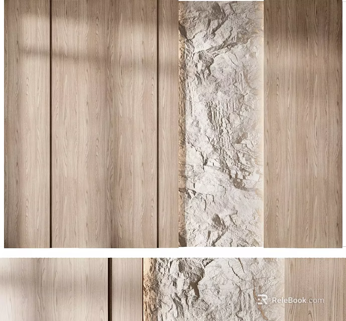Modern Interior Background Wall With Wooden Panels And Stone Texture Design 3d model 