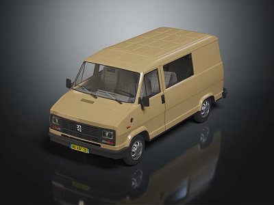 Vintage Beige Bus With Flat Roof Rack And Side Windows On Reflective Surface 3d model
