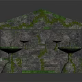 Moss Covered Stone Pavilion Structure With Columns Sloped Roof And Platform