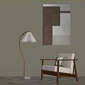 Cozy Leisure Chair With Wooden Armrests Beige Cushion And Floor Lamp Near Geometric Wall Art