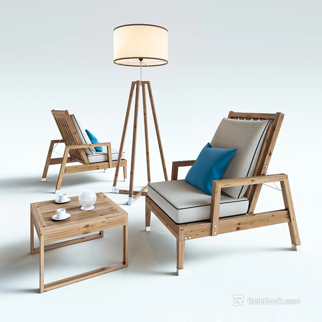 Wooden Outdoor Table With Gray Cushioned Chairs Blue Pillows And Floor Lamp 3d model 