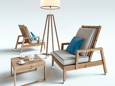 Wooden Outdoor Table With Gray Cushioned Chairs Blue Pillows And Floor Lamp 3d model