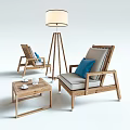 Wooden Outdoor Table With Gray Cushioned Chairs Blue Pillows And Floor Lamp
