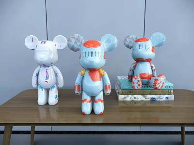 Decorative Ornament Set With Three Cartoon Bear Figurines On Wooden Table And Stacked Books 3d model