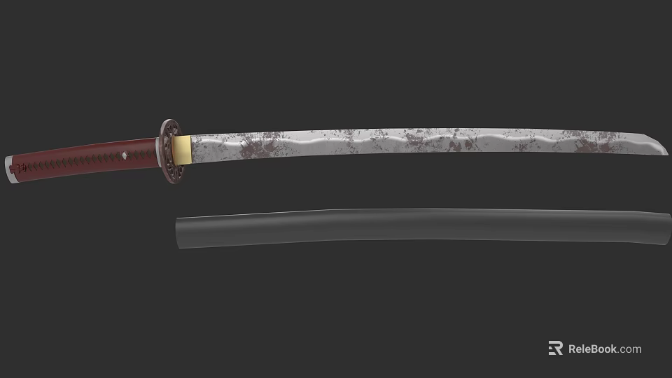 Traditional Japanese Katana Weapon With Sharp Steel Blade Red Handle And Black Sheath 3d model 