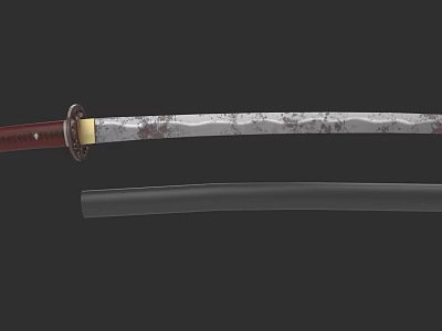Traditional Japanese Katana Weapon With Sharp Steel Blade Red Handle And Black Sheath 3d model