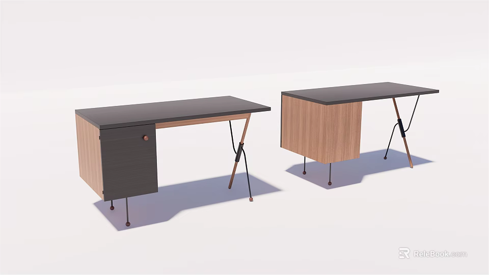 Modern Office Desk With Black Tabletop Wooden Cabinet And Metal Support Legs 3d model 