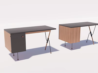 Modern Office Desk With Black Tabletop Wooden Cabinet And Metal Support Legs 3d model