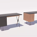 Modern Office Desk With Black Tabletop Wooden Cabinet And Metal Support Legs