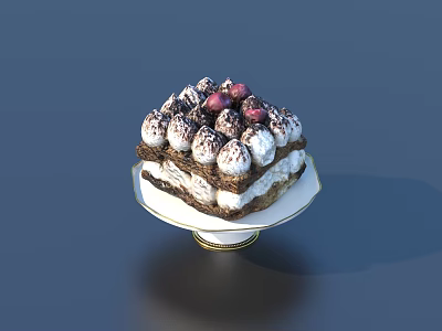 Delicious Layered Cake With Cream Balls Chocolate Sprinkles And Red Berries On Gold Rimmed Plate 3d model