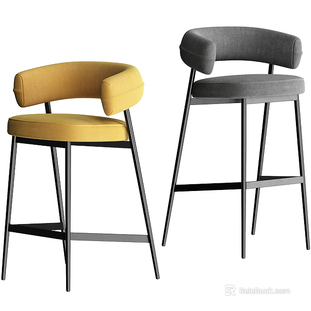 Modern Yellow and Gray Bar Stools with Upholstered Seats Armrests and Black Metal Legs 3d model 