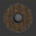 Traditional Round Wooden Shield With Metal Center Carved Patterns And Rivets