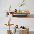 Modern Coffee Table Wooden Frame With Marble Top And Decorative Sculpture Vase And Pine Cones
