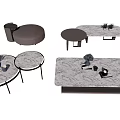 Modern Marble Coffee Table Set With Round And Rectangular Designs And Decorative Plants 3d model