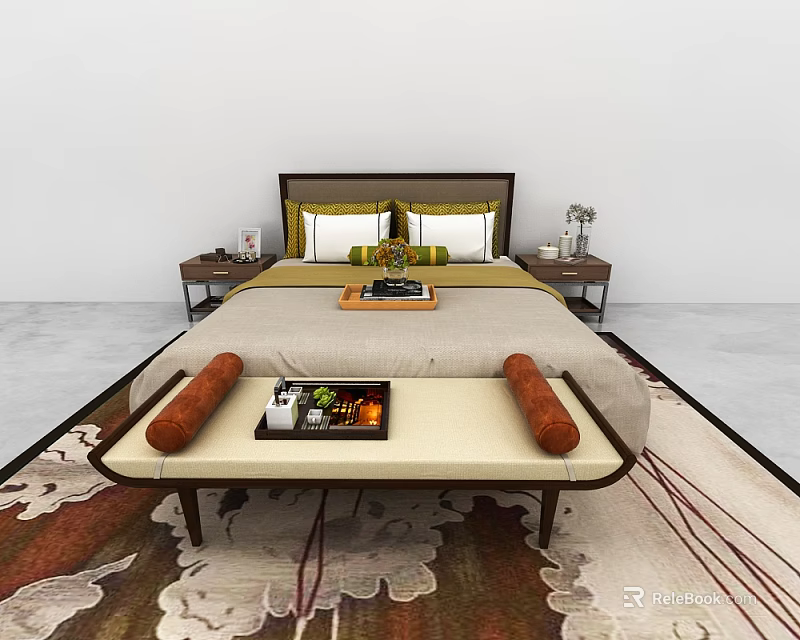 Modern Double Bed with Headboard Bedside Tables Decorative Pillows and Bench on Patterned Rug 3d model