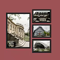 Red Wall Decor With Four Framed Paintings Featuring Architecture Steps PRESS Text And Arch Structure 3d model