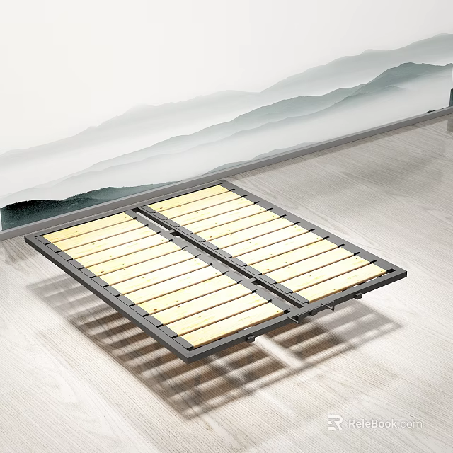Foldable Wooden Slat Bed Frame With Black Metal Frame On Light Floor 3d model 