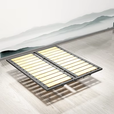 Foldable Wooden Slat Bed Frame With Black Metal Frame On Light Floor 3d model