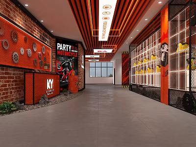 Modern Restaurant Interior Featuring Red Brick Walls Neon Party Sign Gear Decorations And Orange Lighting 3d model