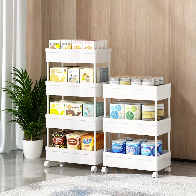 White Multi Tiered Kitchen Storage Rack With Rolling Wheels And Food Containers Cans 3d model 
