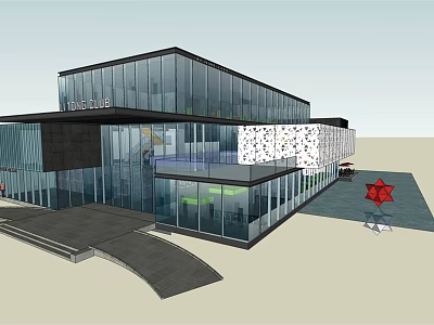 Modern Architectural Design Featuring Glass Facade Multi Level Structure Entrance Steps And Red Star Decoration 3d model