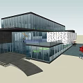 Modern Architectural Design Featuring Glass Facade Multi Level Structure Entrance Steps And Red Star Decoration