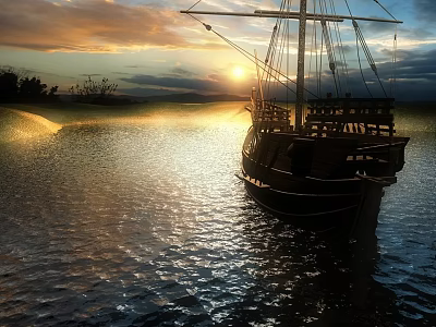 Elegant Yacht Sailing On Water At Sunset With Golden Light And Cloudy Sky 3d model