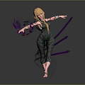 Woman With Blonde Hair In Dark Jumpsuit Tattoos Pink Lines Patterns Outstretched Arms Barefoot Standing