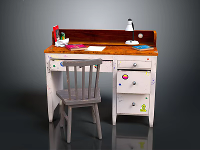 Kids Study Desk With Wooden Top Chair Stickers Table Lamp And Stationery 3d model