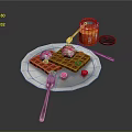 Delicious Waffles Topped With Pink Cream Raspberries And Honey Jar On Plate With Fork