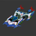 Blue and White Futuristic Racing Car With Red Thrusters And Aerodynamic Design