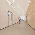 Elevator Hallway Featuring 2F Sign Wooden Walls Ceiling Lights And Medical Staff In White Coat