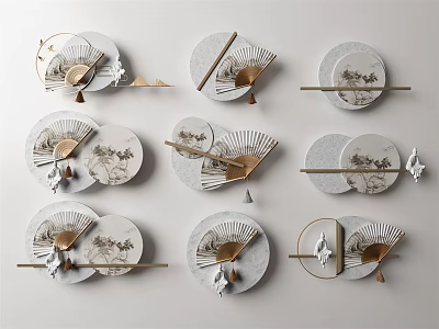 Chinese Style Wall Decor With Circular Fans And Metal Frames For Modern Home Interior 3d model