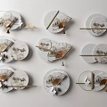 Chinese Style Wall Decor With Circular Fans And Metal Frames For Modern Home Interior