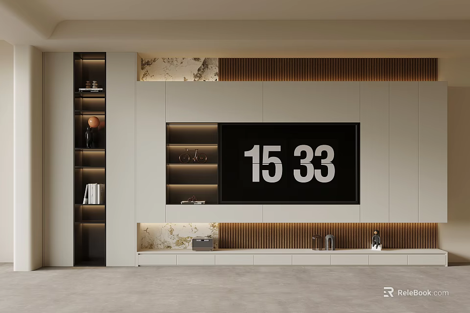 Modern TV Background Wall Design With Marble Accents Wooden Panels And Storage Shelves 3d model 
