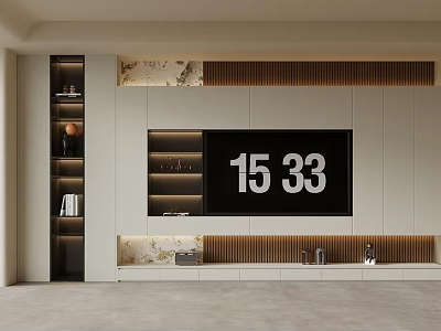 Modern TV Background Wall Design With Marble Accents Wooden Panels And Storage Shelves 3d model