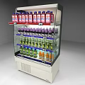 Commercial Refrigerated Display Shelf With Transparent Glass Door And Various Beverages On Layers