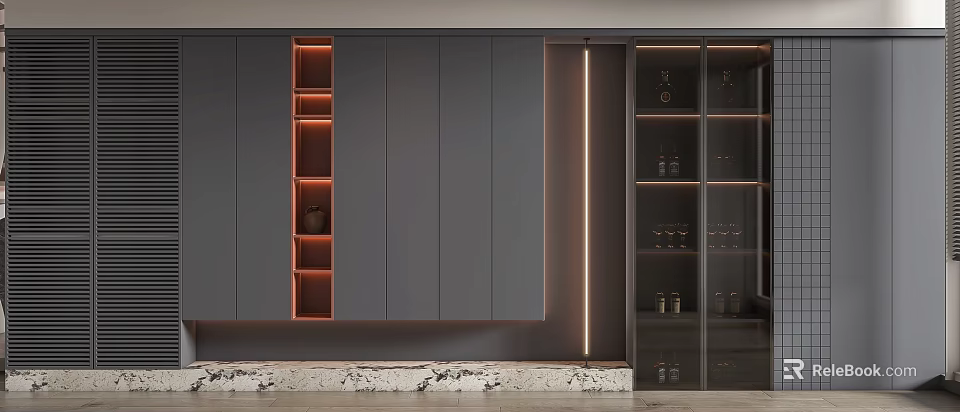 Modern Wine Cabinet Design With Glass Doors Built in Lighting And Dark Gray Cabinetry 3d model 