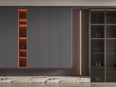 Modern Wine Cabinet Design With Glass Doors Built in Lighting And Dark Gray Cabinetry 3d model
