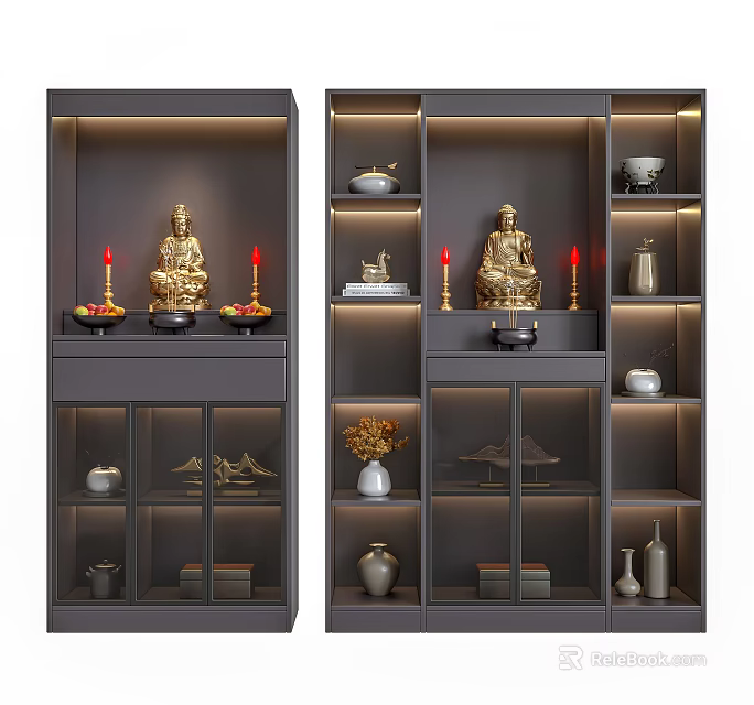 Elegant Buddhist Shrine Cabinet Design With Buddha Statue Candles Vases And Decorative Shelves 3d model 