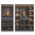 Elegant Buddhist Shrine Cabinet Design With Buddha Statue Candles Vases And Decorative Shelves