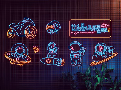 Neon Decorative Lights Featuring Motorcycle Cartoon Bird Astronauts Rocket Text On Dark Grid Background 3d model